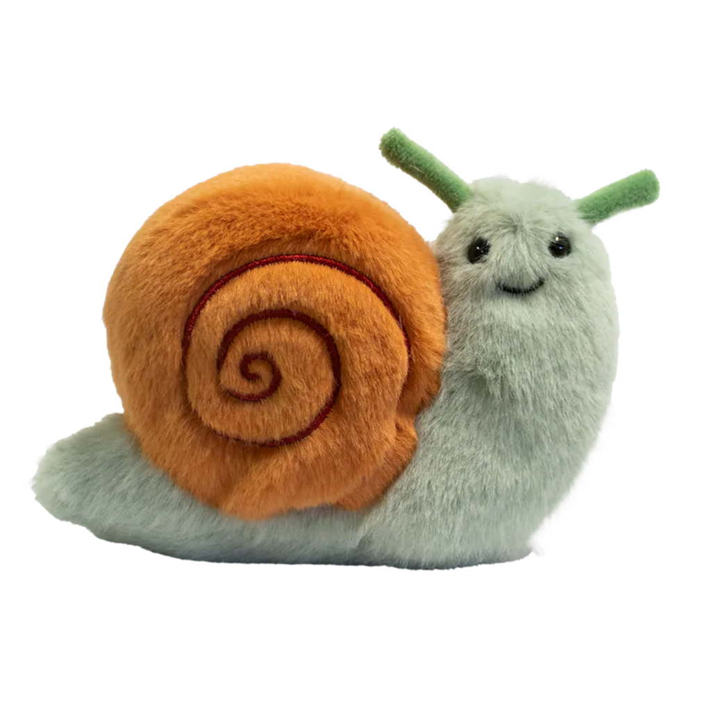 A plush snail toy with a fluffy orange shell and a smiling green body, featuring green antennae, set against a plain white background.