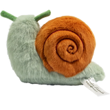 A plush snail toy with a fluffy orange shell and a smiling green body, featuring green antennae, set against a plain white background.