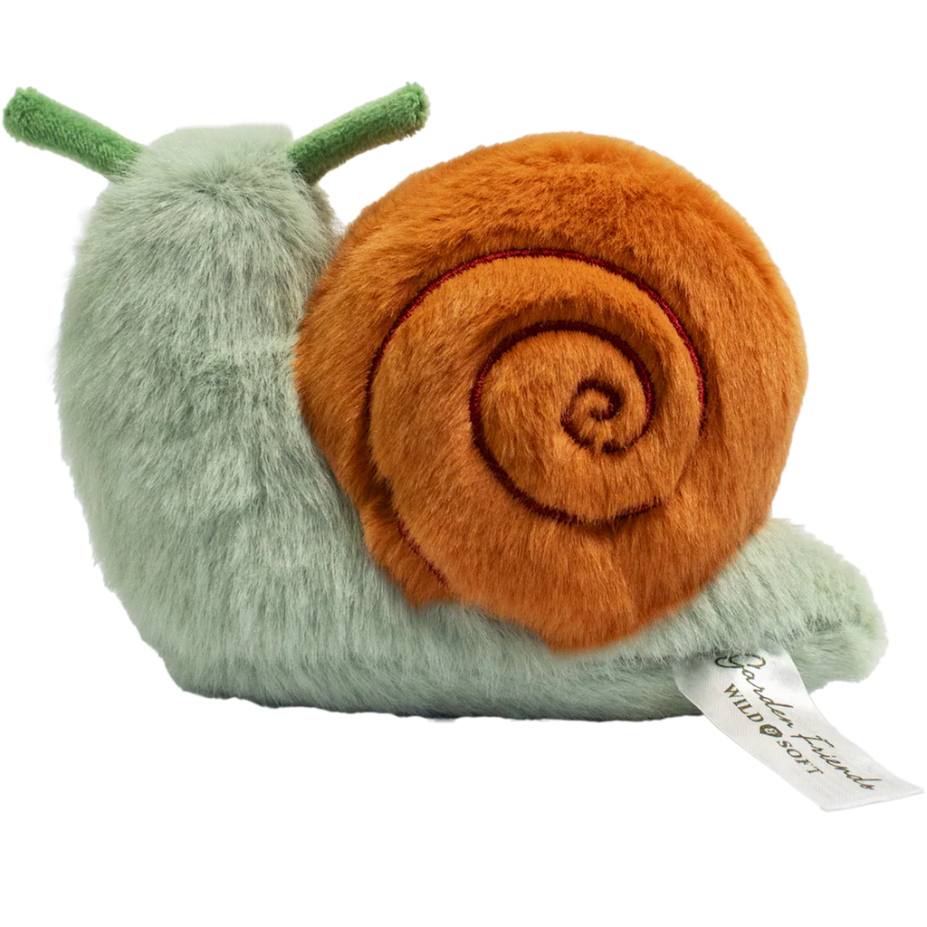A plush snail toy with a fluffy orange shell and a smiling green body, featuring green antennae, set against a plain white background.