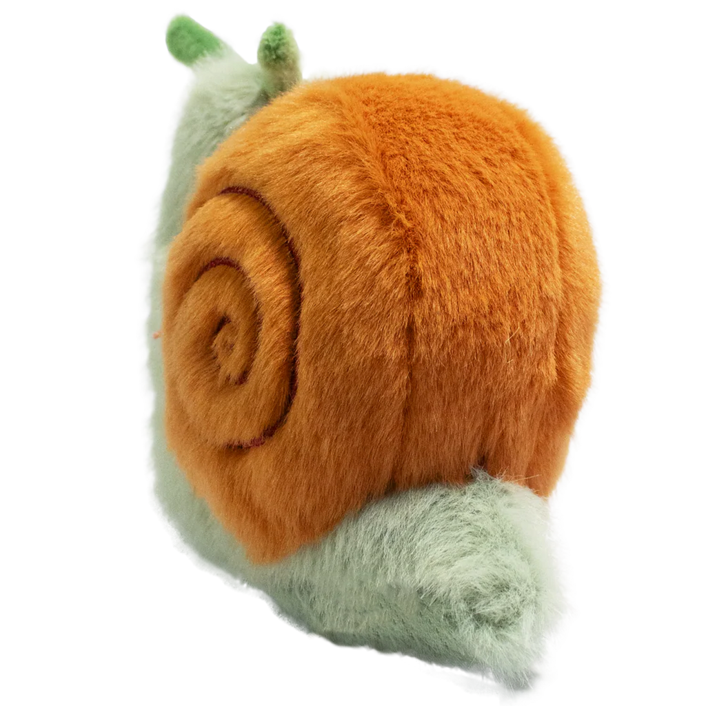 A plush snail toy with a fluffy orange shell and a smiling green body, featuring green antennae, set against a plain white background.