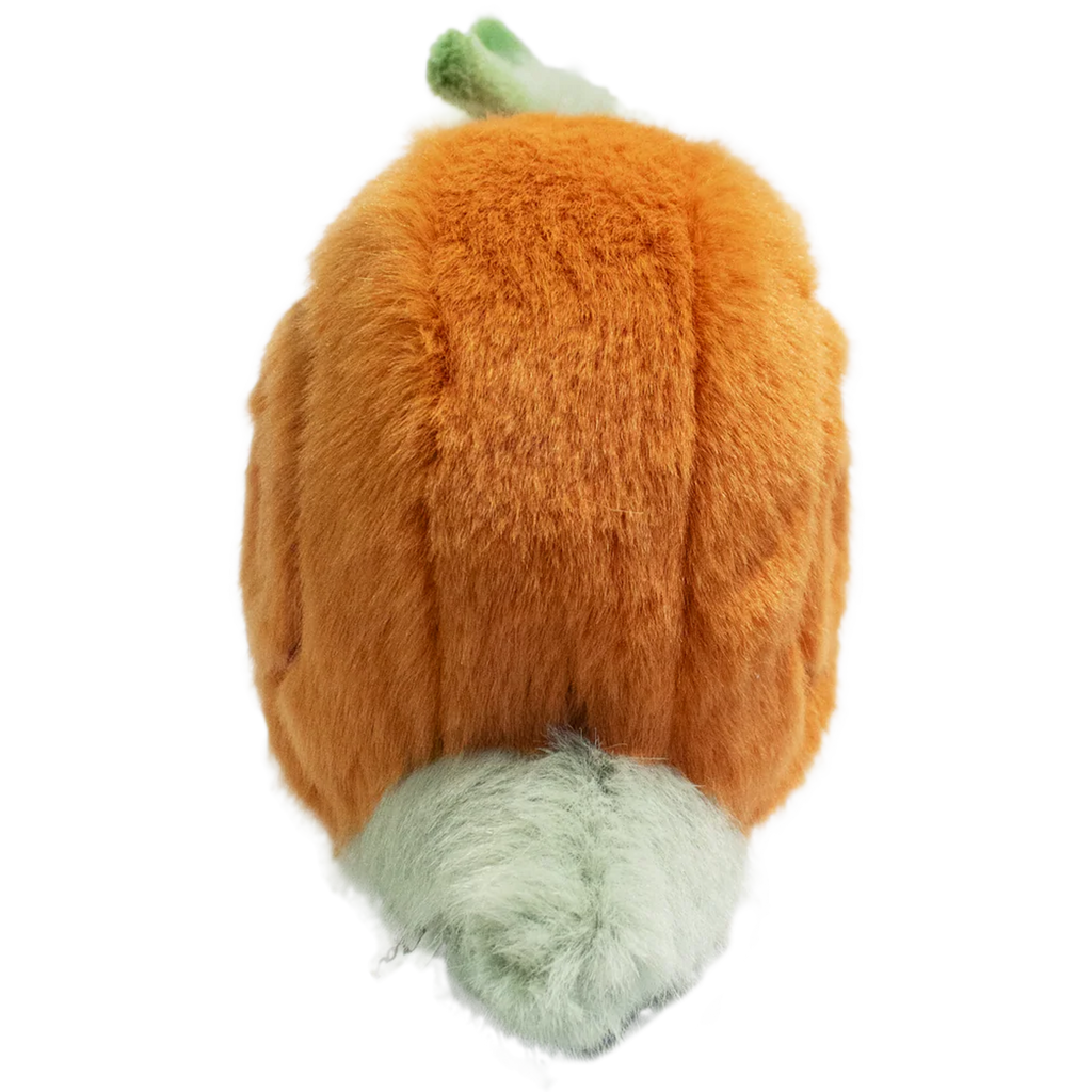 A plush snail toy with a fluffy orange shell and a smiling green body, featuring green antennae, set against a plain white background.