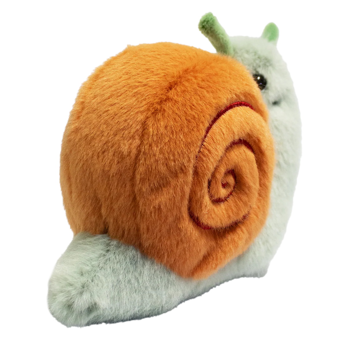 A plush snail toy with a fluffy orange shell and a smiling green body, featuring green antennae, set against a plain white background.