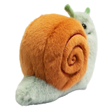 A plush snail toy with a fluffy orange shell and a smiling green body, featuring green antennae, set against a plain white background.