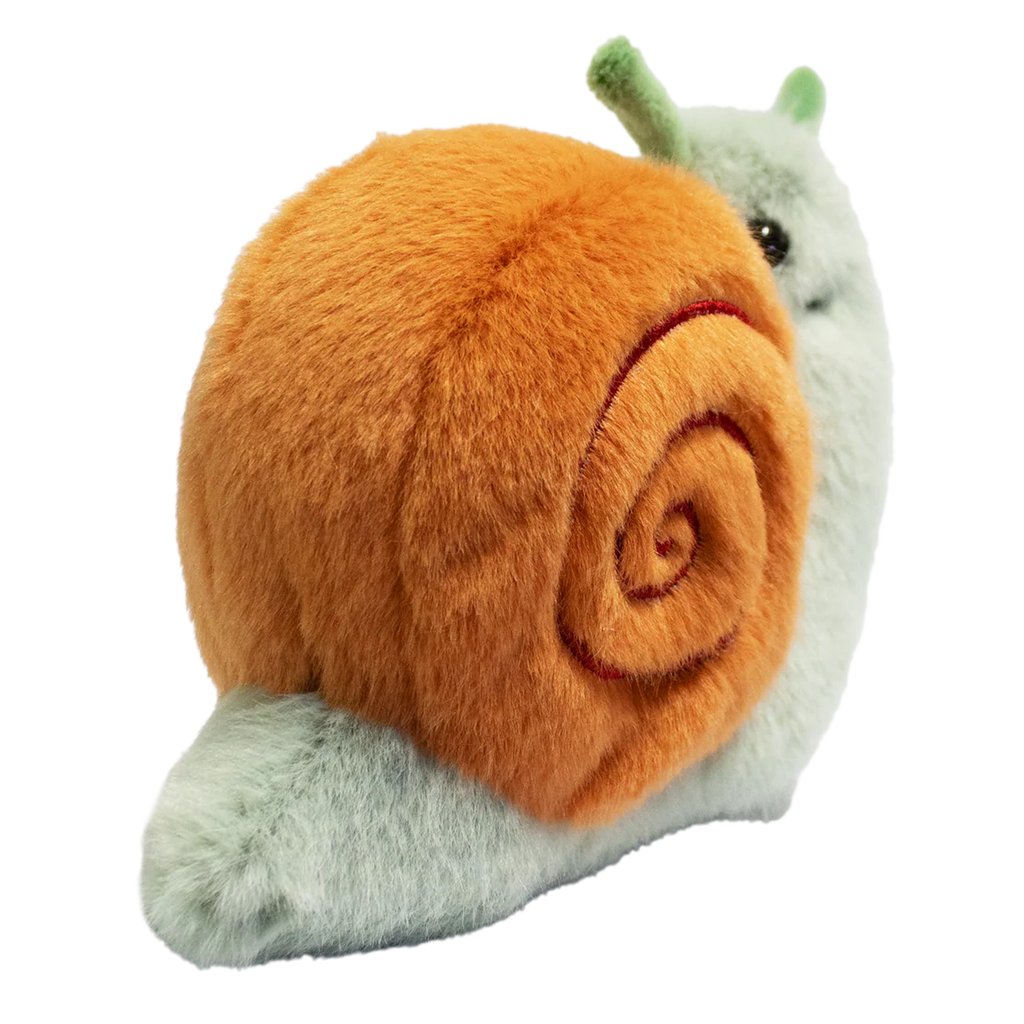 A plush snail toy with a fluffy orange shell and a smiling green body, featuring green antennae, set against a plain white background.