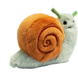 A plush snail toy with a fluffy orange shell and a smiling green body, featuring green antennae, set against a plain white background.