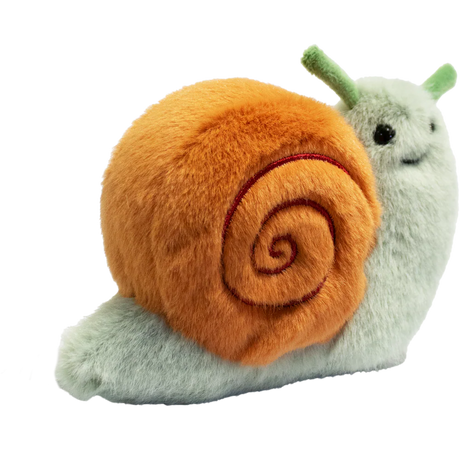 A plush snail toy with a fluffy orange shell and a smiling green body, featuring green antennae, set against a plain white background.