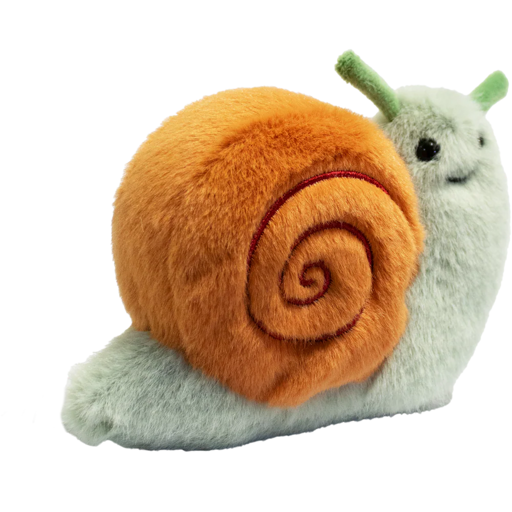 A plush snail toy with a fluffy orange shell and a smiling green body, featuring green antennae, set against a plain white background.