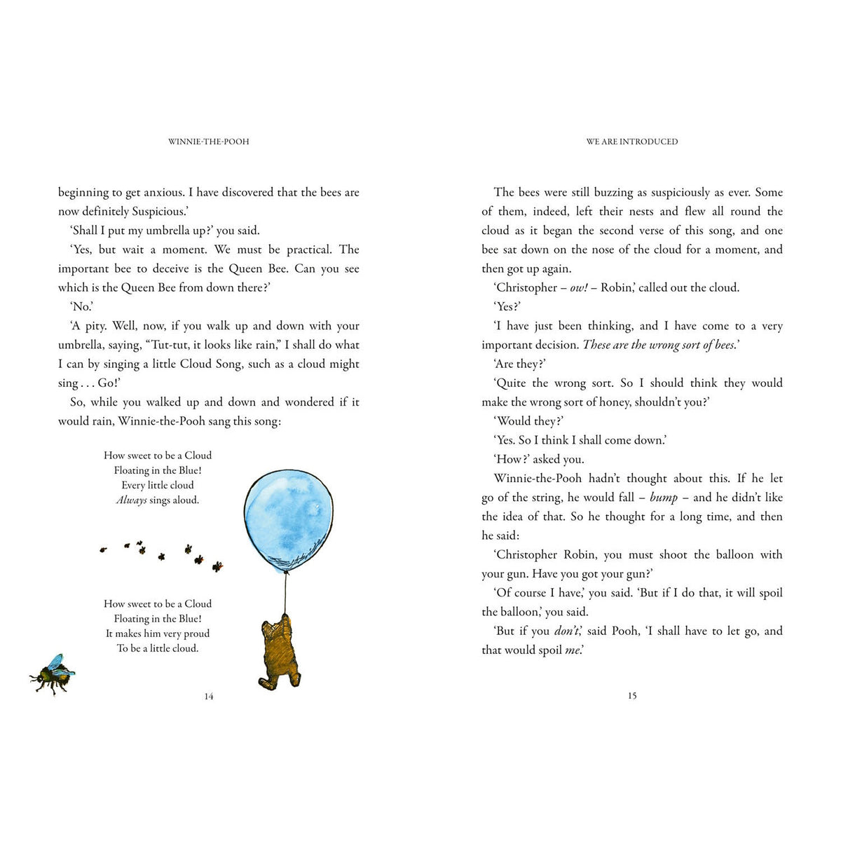 Winnie-the-Pooh floats from a blue balloon next to his Cloud Song lyrics in an open storybook illustration.