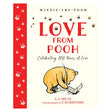 Cover of "Love From Pooh" features Pooh reading, surrounded by bees. Bold red title, playful and nostalgic tone, celebrates 100 years of love.