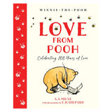 Cover of "Love From Pooh" features Pooh reading, surrounded by bees. Bold red title, playful and nostalgic tone, celebrates 100 years of love.