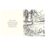 Black and white drawing: Pooh stands near a tree, gazing into the distance. Text on the left reads: “Love’s Luck,” expressing a desire to see Christopher Robin.