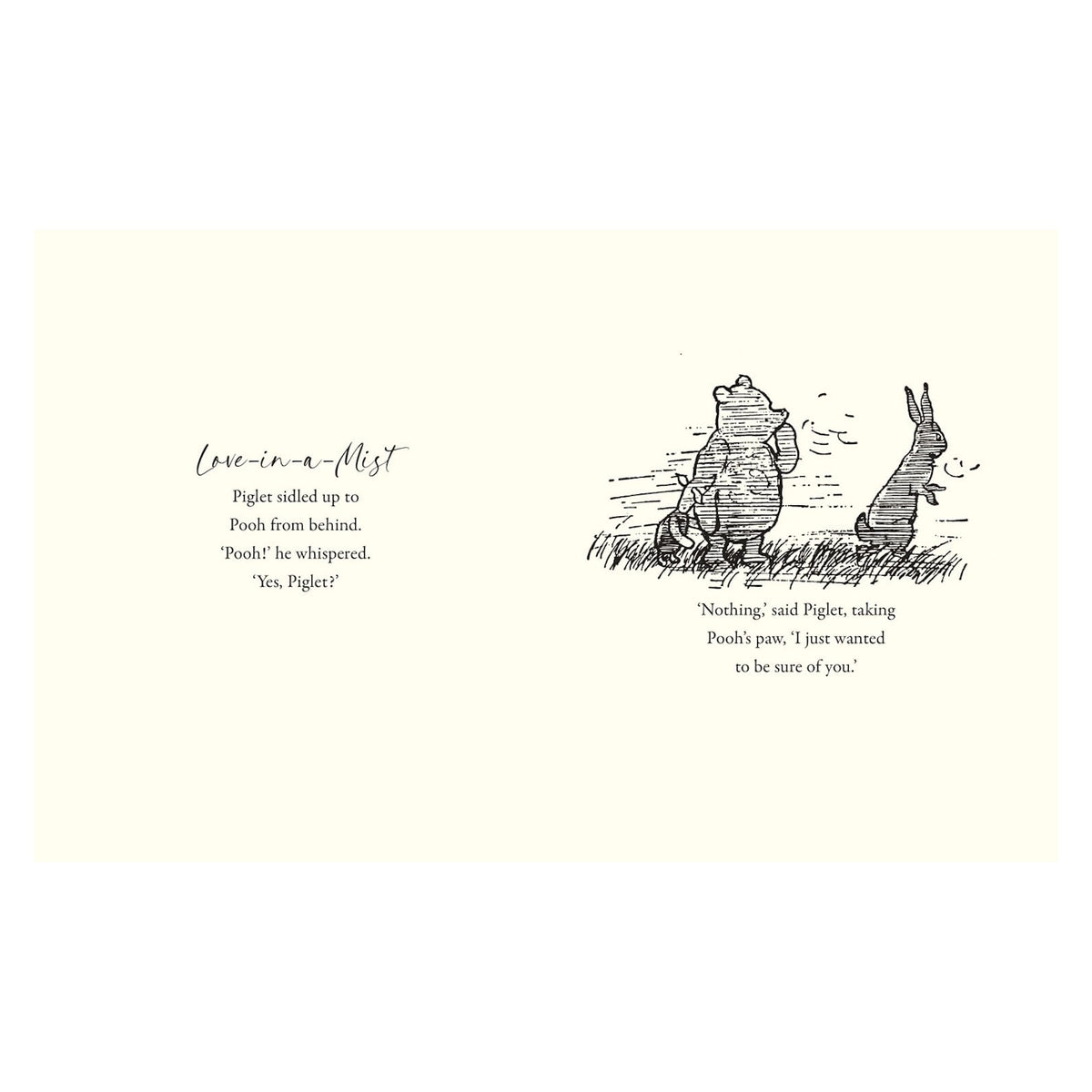 Piglet and Pooh sit together on grass, holding hands. The quote highlights friendship and reassurance, with a soft, comforting tone.