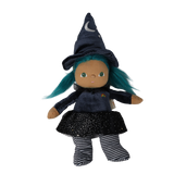 Standing plush witch doll with teal hair, a tall pointed hat, and black-and-white striped legs.