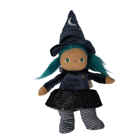 Standing plush witch doll with teal hair, a tall pointed hat, and black-and-white striped legs.