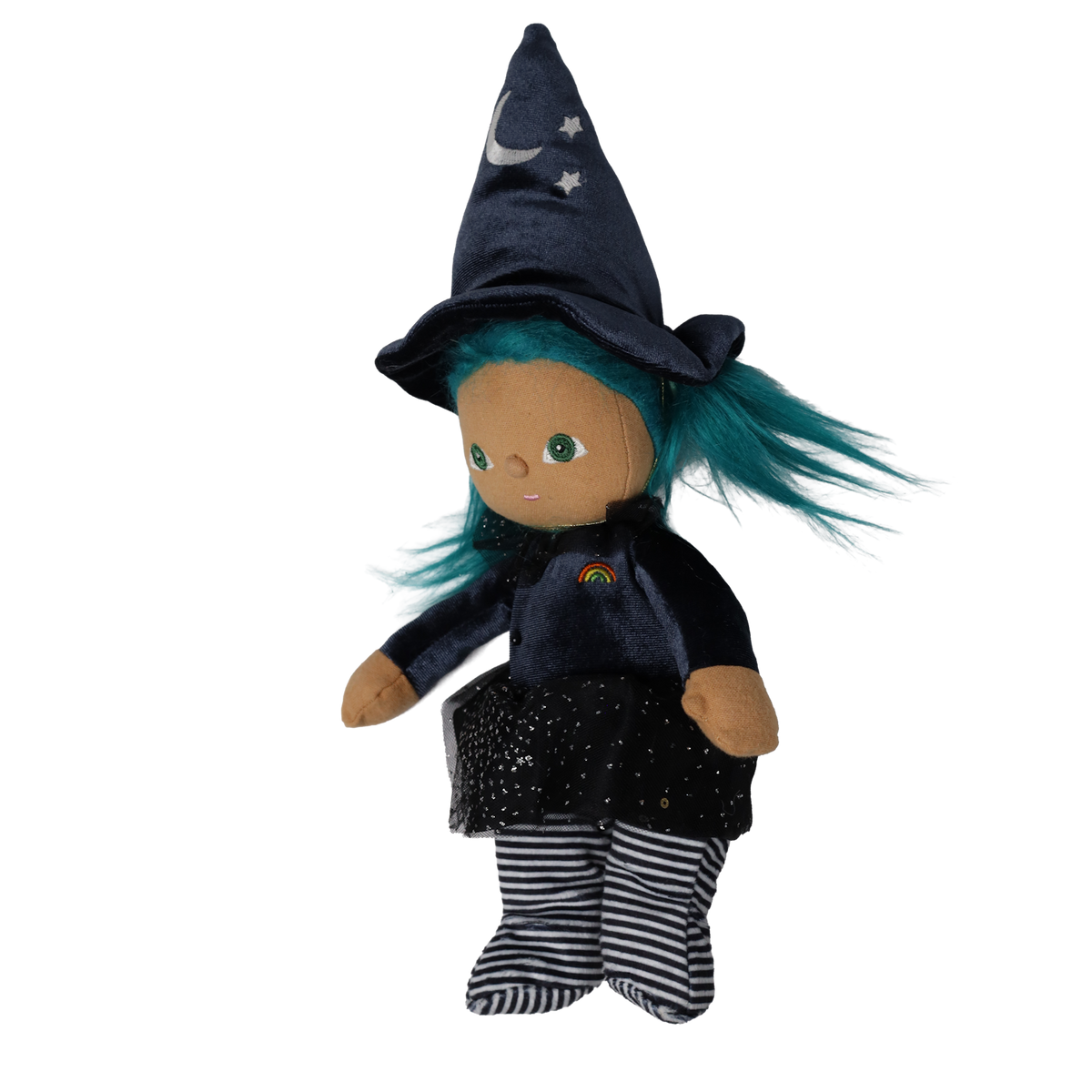 Plush witch doll with teal hair and pointed hat shown in a three-quarter view facing left.