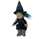 Plush witch doll with teal hair and pointed hat shown in a three-quarter view facing left.
