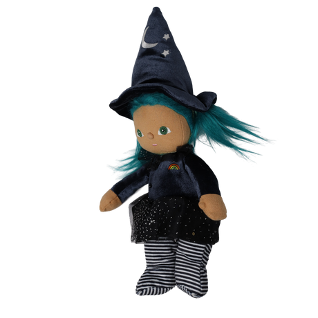 Plush witch doll with teal hair and pointed hat shown in a three-quarter view facing left.