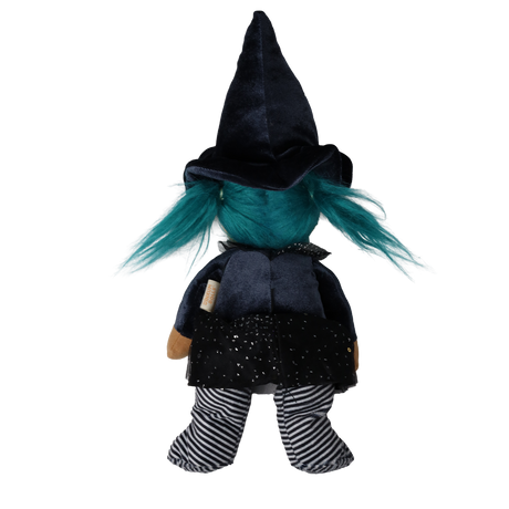 Back view of a plush witch doll with teal pigtails, a tall pointed hat, and a black sparkly skirt.
