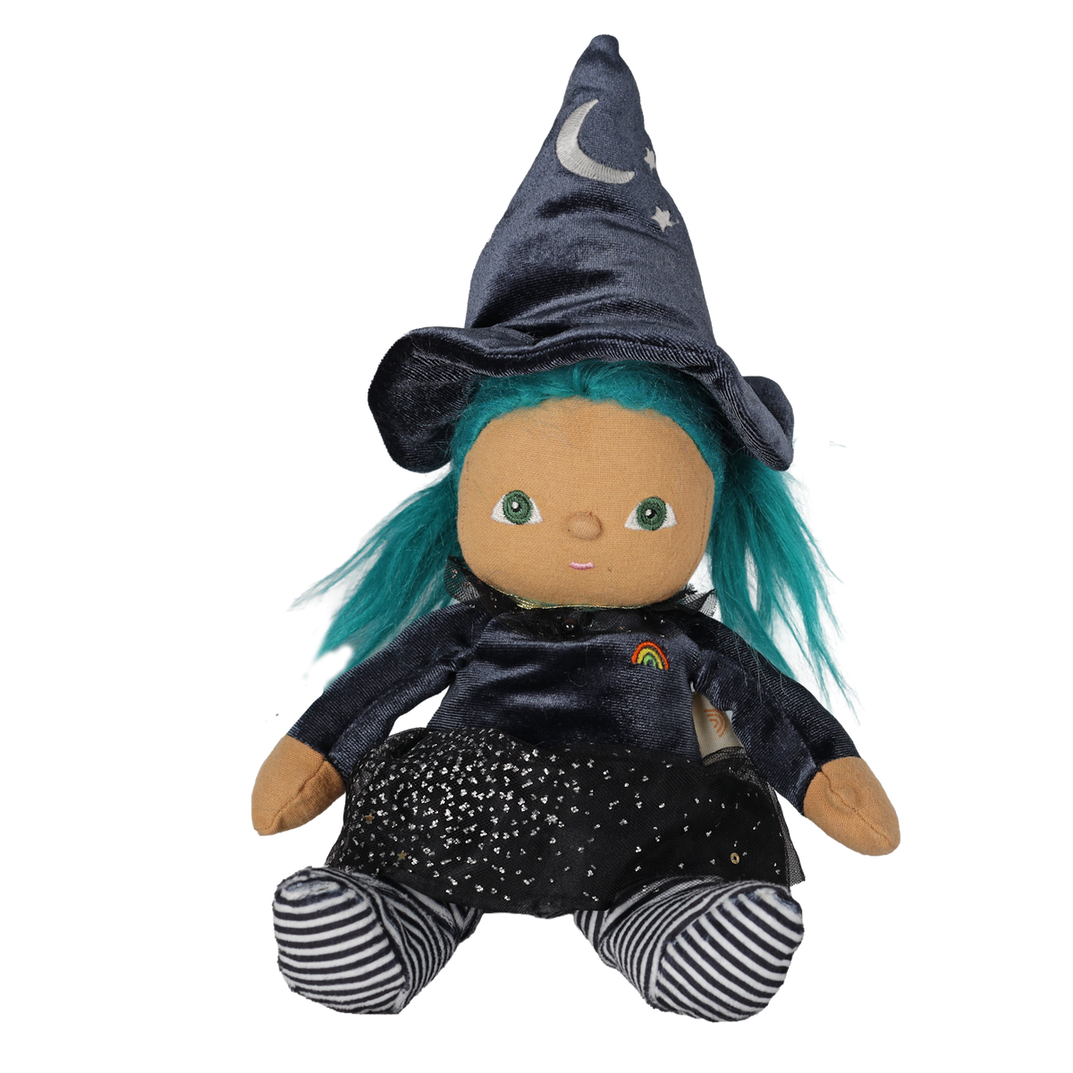 Seated plush witch doll with teal hair, a pointed moon-and-stars hat, and striped legs.