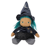 Seated plush witch doll with teal hair, a pointed moon-and-stars hat, and striped legs.