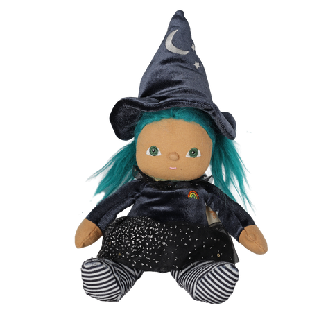 Seated plush witch doll with teal hair, a pointed moon-and-stars hat, and striped legs.