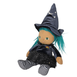 Seated plush witch doll with teal hair, pointed hat, and striped legs angled toward the left.