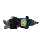 Plush witch doll with teal hair and a pointed hat lying horizontally against a white background.