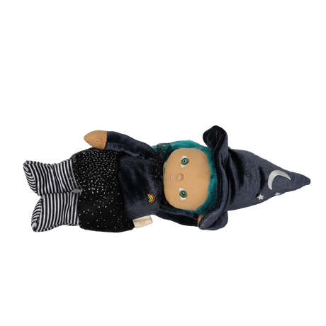 Plush witch doll with teal hair and a pointed hat lying horizontally against a white background.