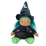 Plush witch doll with teal hair, a pointed hat with a crescent moon, and striped legs.