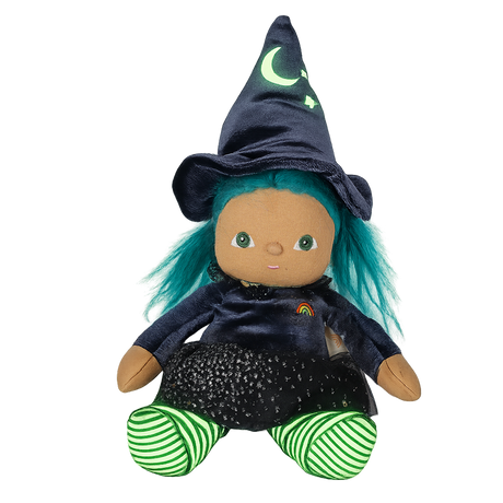 Plush witch doll with teal hair, a pointed hat with a crescent moon, and striped legs.