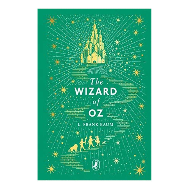 Book cover of The Wizard of Oz by L. Frank Baum featuring a yellow brick road, Emerald City, and character silhouettes.