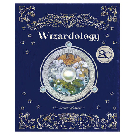 Blue book cover titled "Wizardology: The Secrets of Merlin" features an ornate owl, mystical symbols, and a central circle with mythical creatures. Magical tone.