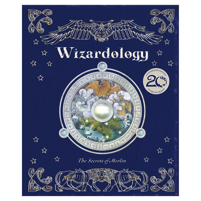 Blue book cover titled "Wizardology: The Secrets of Merlin" features an ornate owl, mystical symbols, and a central circle with mythical creatures. Magical tone.