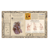 Alt text: Illustration of wizard-themed page titled "A Wizard's Robes & Tools" with sketches of wizards, robes, tools, and ornate borders, conveying a mystical and historical tone.