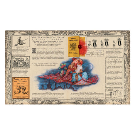 Illustrated page depicting magical flight with flying carpets. Features vibrant characters on a carpet, ornate borders, text, and whimsical sketches. Enigmatic tone.