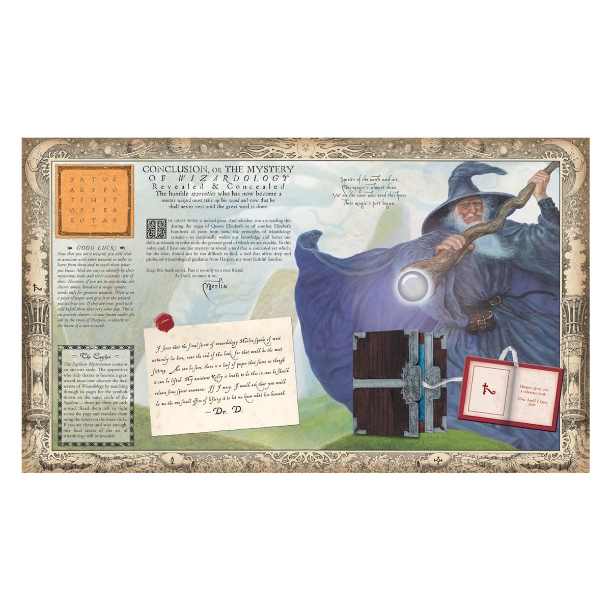 A wizard in blue robes with a staff and glowing orb stands on a grassy hill. Text and illustrations surround him, conveying a mystical, ancient theme.