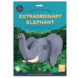 Packaging for a "Create Your Own Extraordinary Elephant" kit, featuring a 3D elephant head amid lush green foliage and vibrant red flowers.