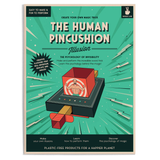 Retro-style poster titled "The Human Pincushion Illusion" features a magician inside a red box on a sword. Text highlights creating illusions. Vintage, playful tone.