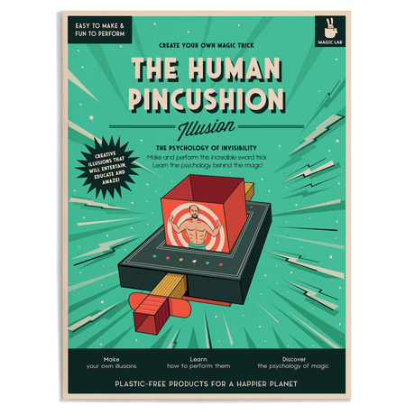 Retro-style poster titled "The Human Pincushion Illusion" features a magician inside a red box on a sword. Text highlights creating illusions. Vintage, playful tone.