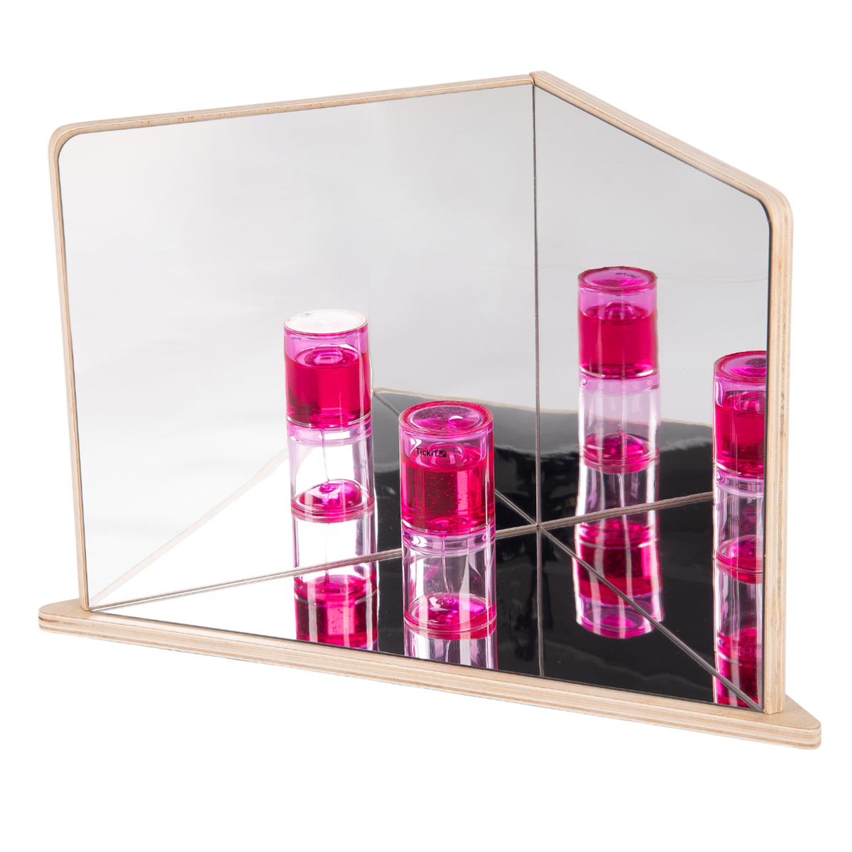 A wooden-framed mirror with four reflective panels arranged to create kaleidoscopic visual effects, ideal for sensory exploration and light play.