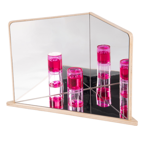 A wooden-framed mirror with four reflective panels arranged to create kaleidoscopic visual effects, ideal for sensory exploration and light play.