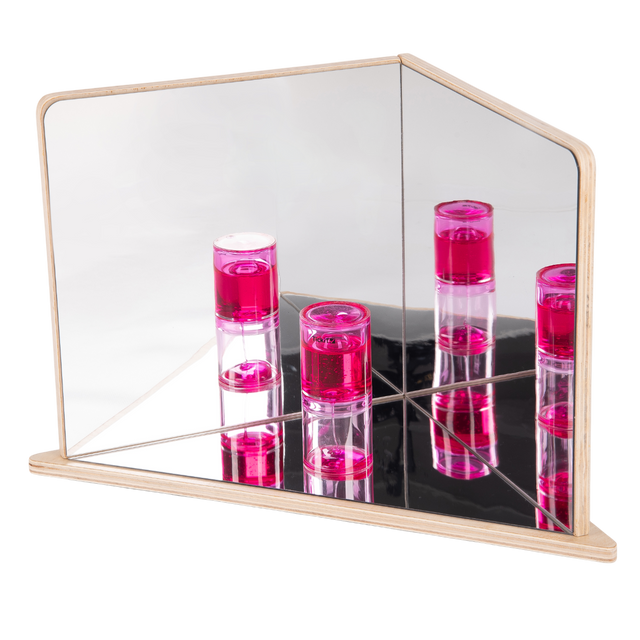 A wooden-framed mirror with four reflective panels arranged to create kaleidoscopic visual effects, ideal for sensory exploration and light play.