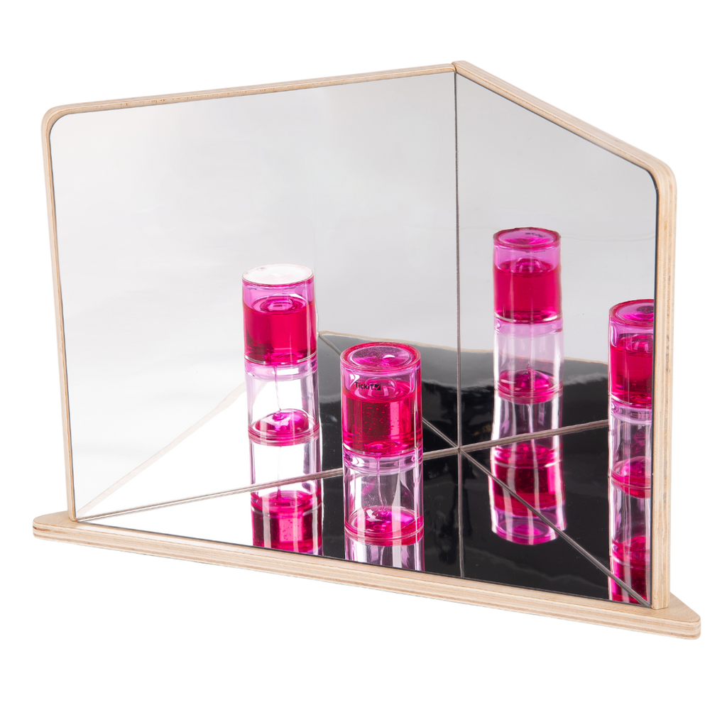 A wooden-framed mirror with four reflective panels arranged to create kaleidoscopic visual effects, ideal for sensory exploration and light play.