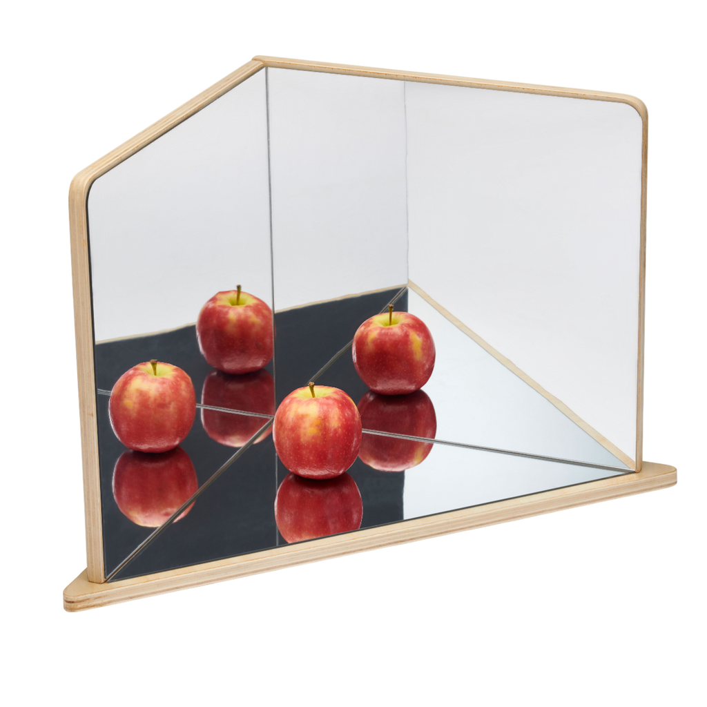 A wooden-framed mirror with four reflective panels arranged to create kaleidoscopic visual effects, ideal for sensory exploration and light play.