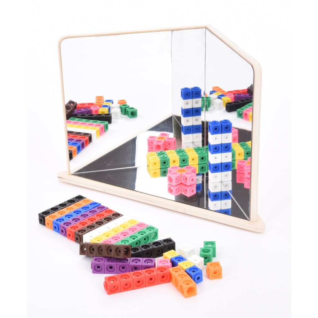 A wooden-framed mirror with four reflective panels arranged to create kaleidoscopic visual effects, ideal for sensory exploration and light play.