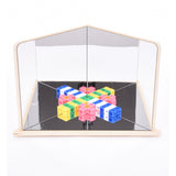 A wooden-framed mirror with four reflective panels arranged to create kaleidoscopic visual effects, ideal for sensory exploration and light play.