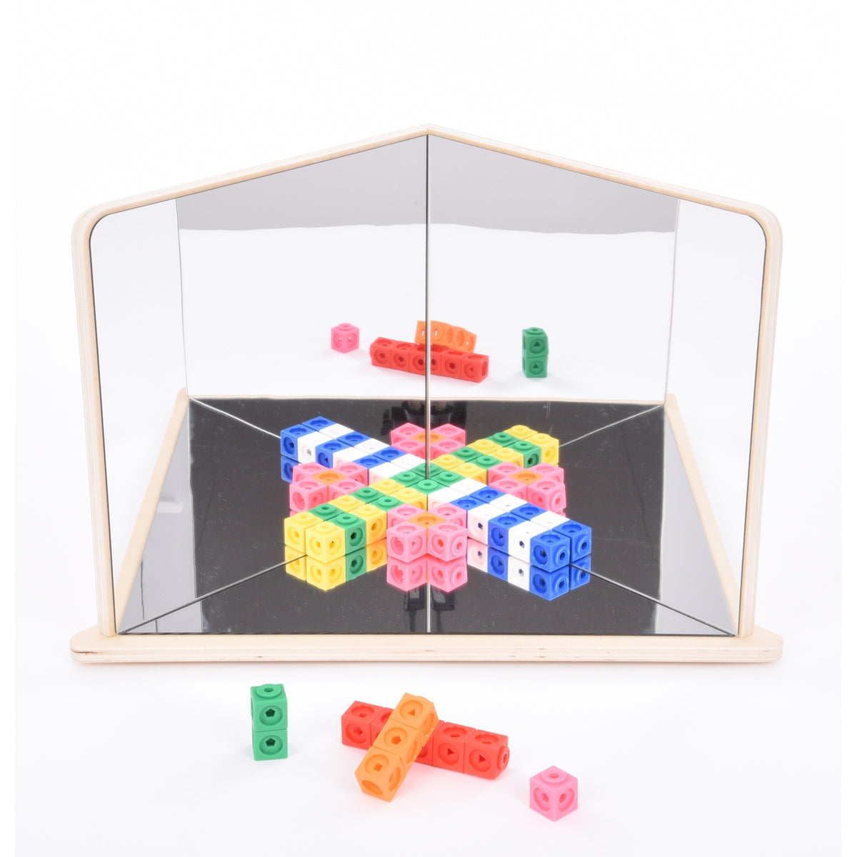 A wooden-framed mirror with four reflective panels arranged to create kaleidoscopic visual effects, ideal for sensory exploration and light play.