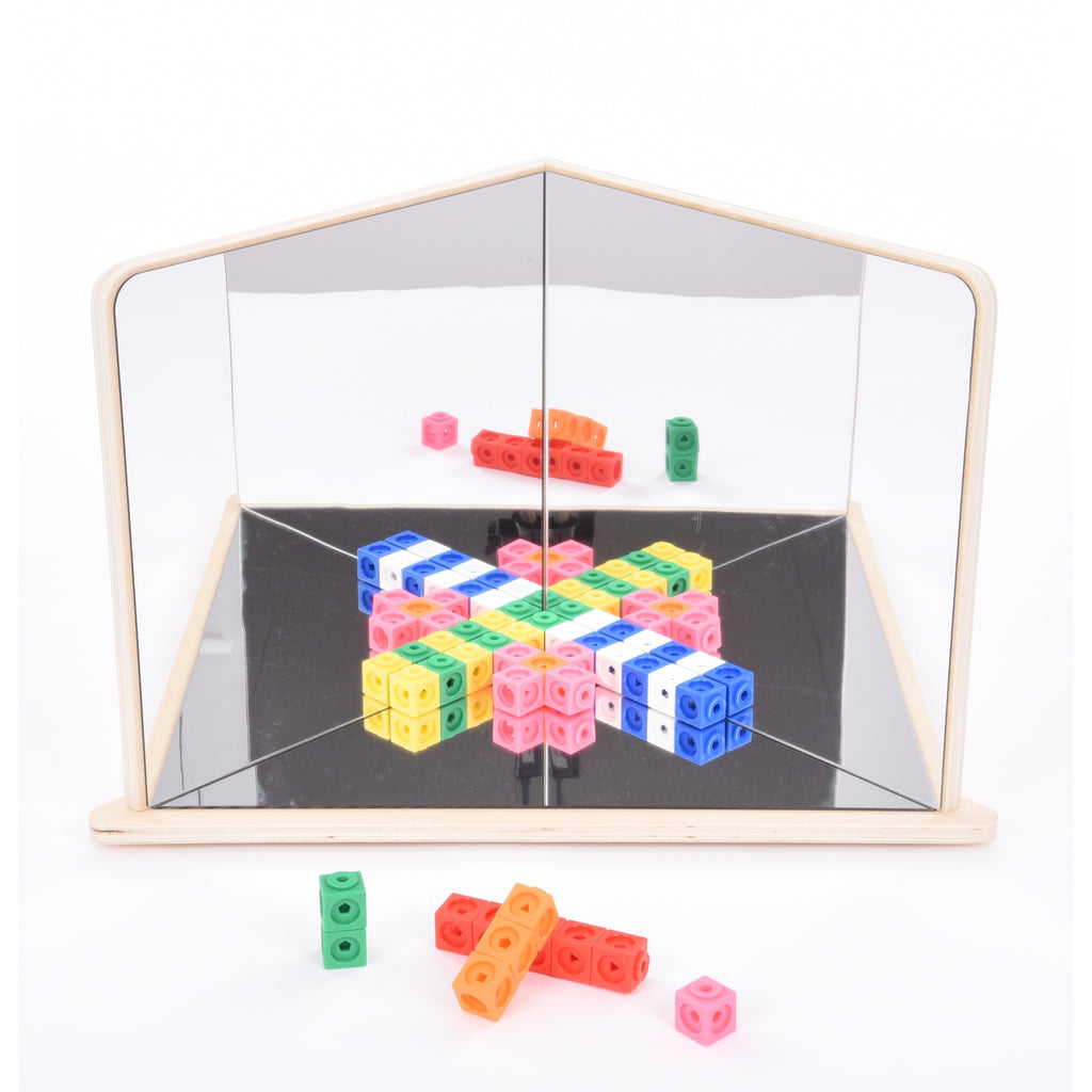A wooden-framed mirror with four reflective panels arranged to create kaleidoscopic visual effects, ideal for sensory exploration and light play.