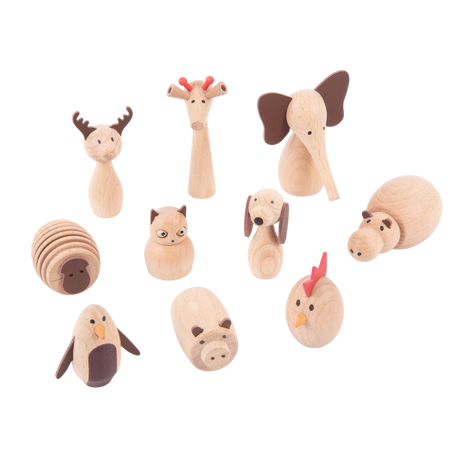 A set of charming, painted wooden animal figures designed for imaginative play, storytelling, and early learning activities.