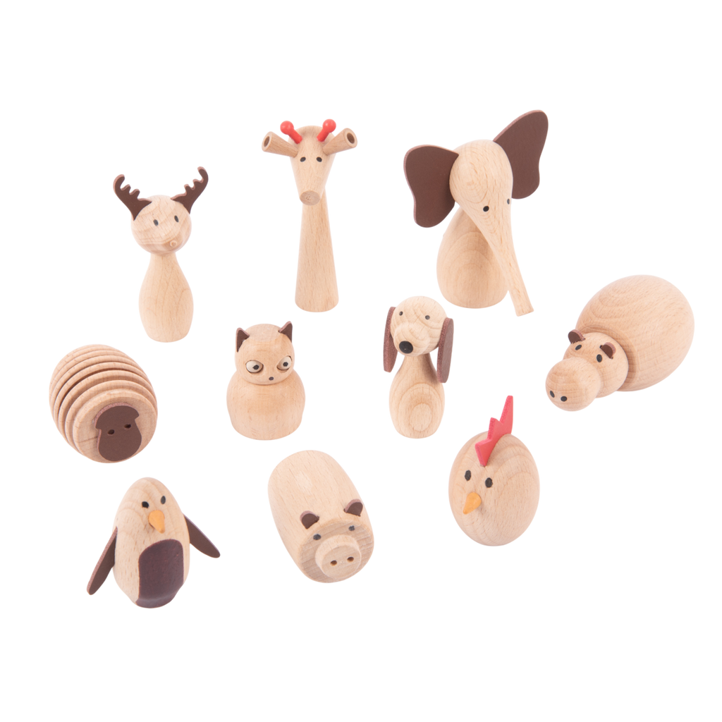 A set of charming, painted wooden animal figures designed for imaginative play, storytelling, and early learning activities.